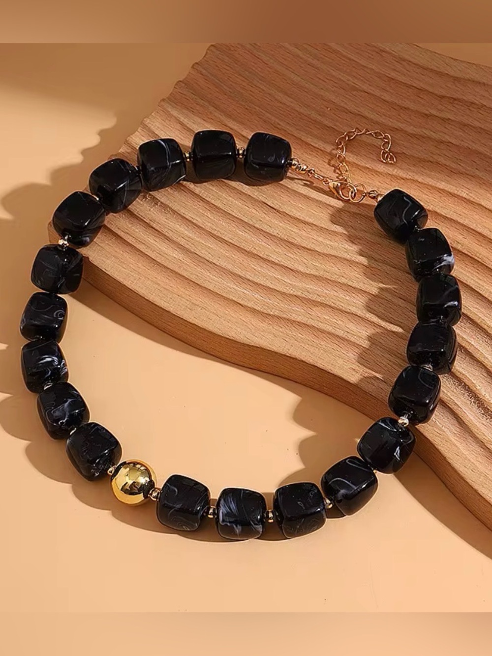 Statement Black Beaded Necklace with Gold Accent - Picture 4 of 5